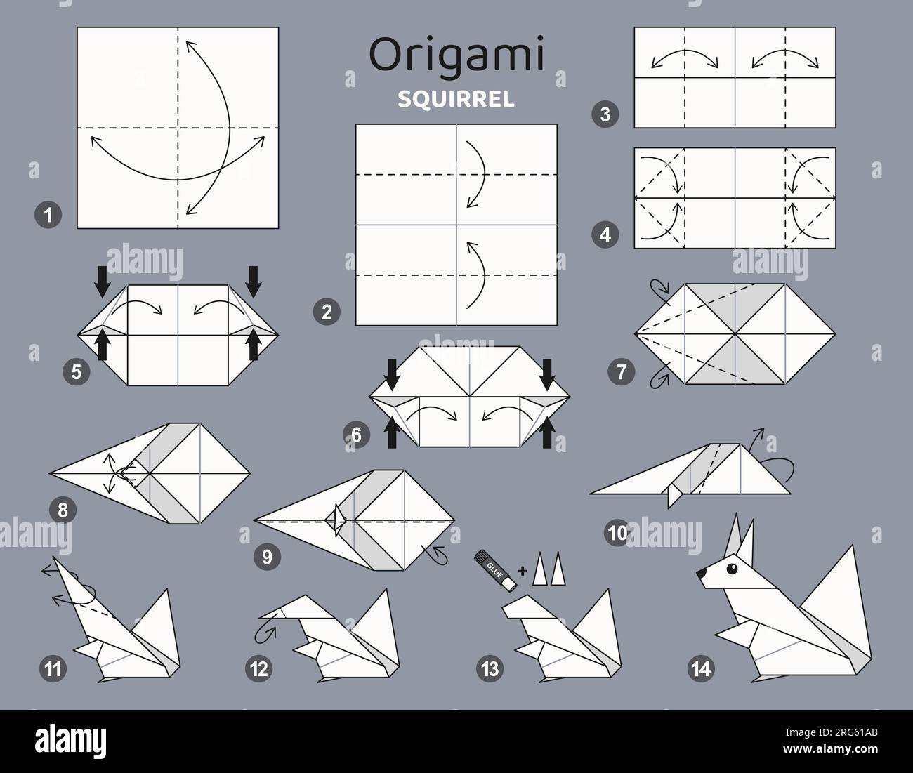 Tutorial Origami per bambini. Scoiattolo carino Origami. Illustrazione Vettoriale