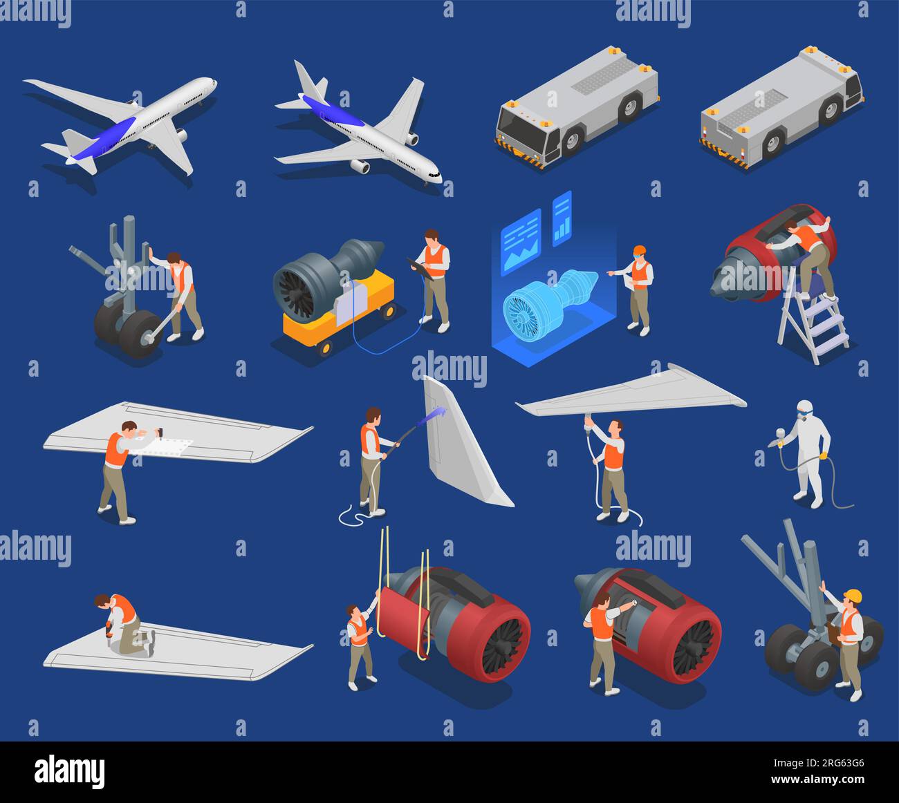 Icone isometriche del servizio aereo impostate con la manutenzione e la riparazione di parti di velivolo illustrazione vettoriale isolata Illustrazione Vettoriale