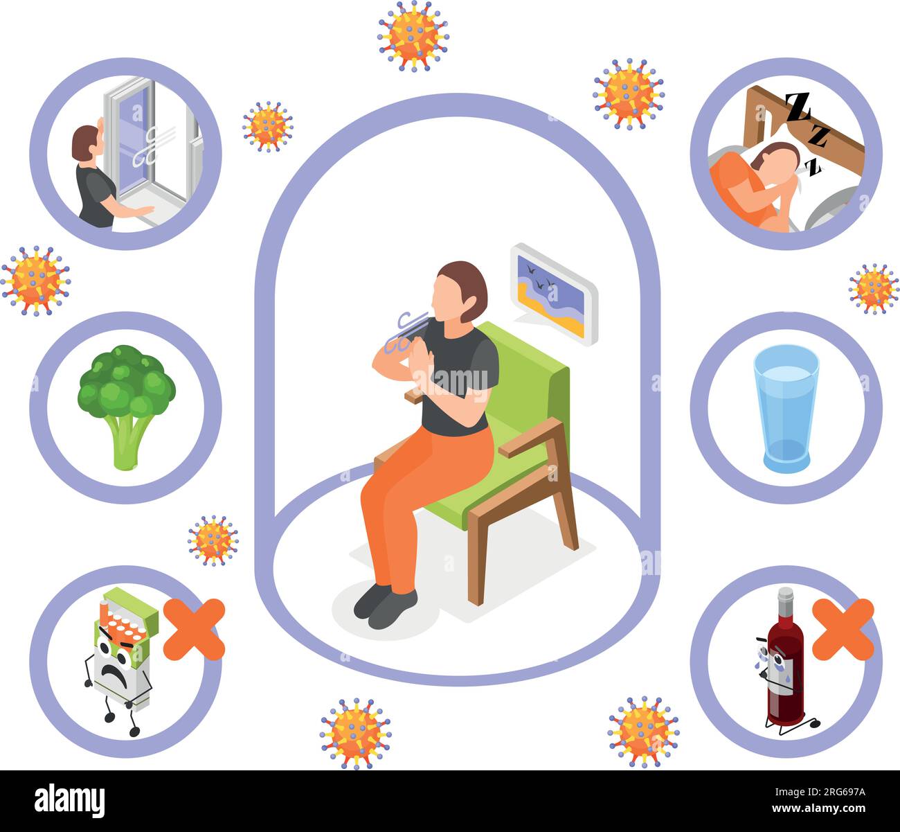 Il sistema immunitario aumenta l'alimentazione sana l'idratazione del sonno nessuna cattiva abitudine composizione isometrica illustrazione vettoriale Illustrazione Vettoriale