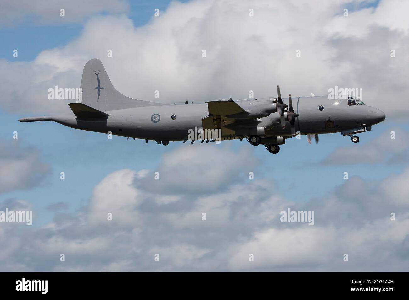 Un Royal New Zealand Air Force P-3K2 Orion in partenza, nuova Zelanda. Foto Stock