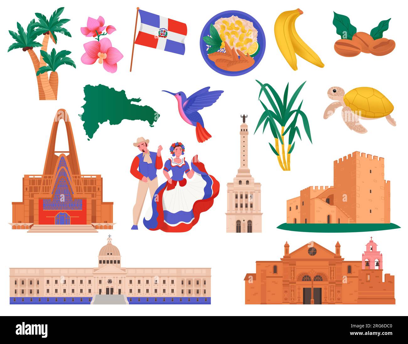 Viaggio nella repubblica Dominicana con viste frontali isolate icone di famosi edifici, attrazioni, cibo e illustrazione vettoriale della natura Illustrazione Vettoriale