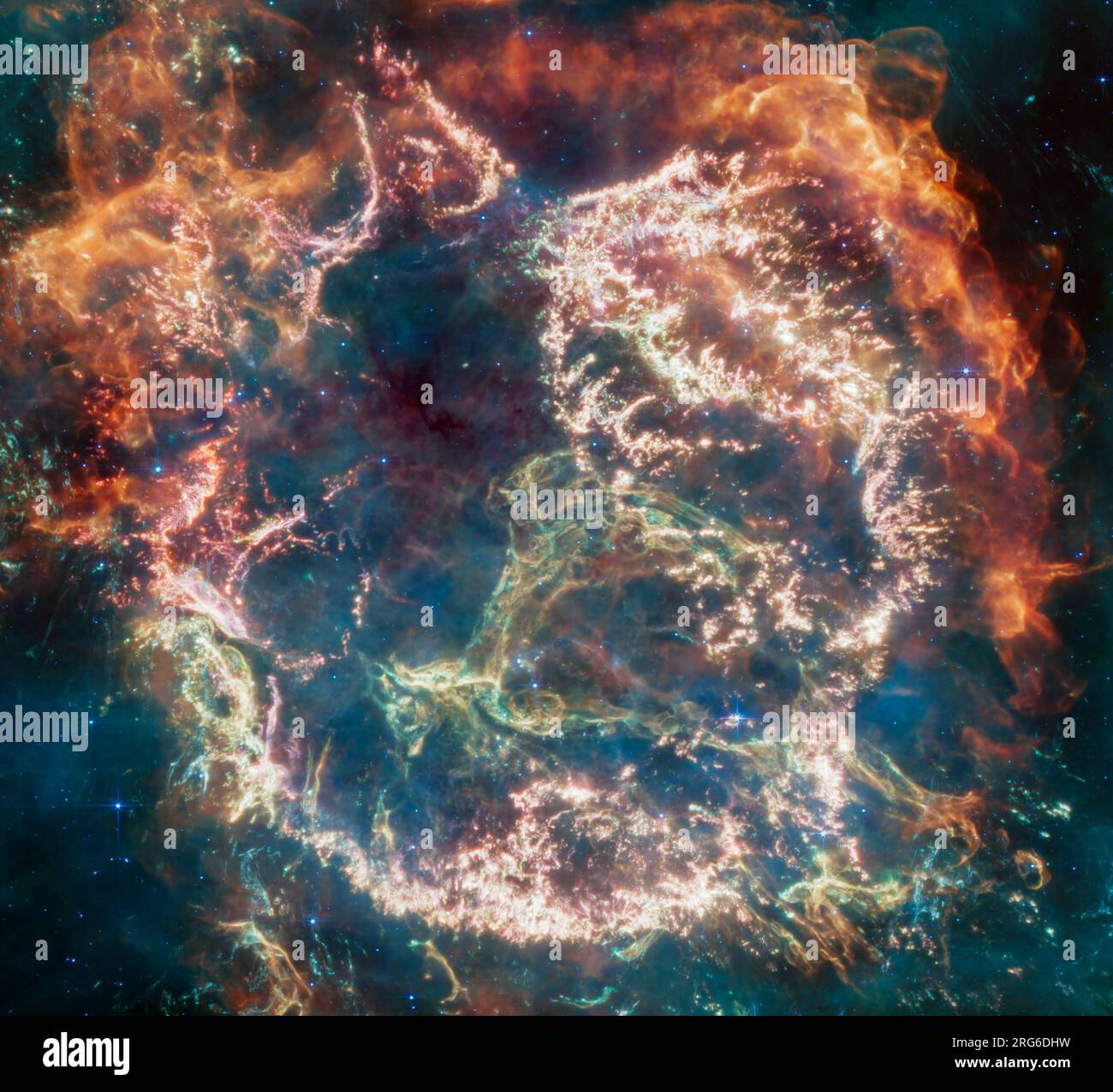 Colori vivaci e strutture intricate del residuo della supernova Cassiopeia A. Foto Stock