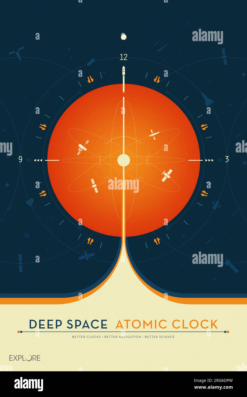 Poster dell'orologio atomico Deep Space, versione arancione. Foto Stock