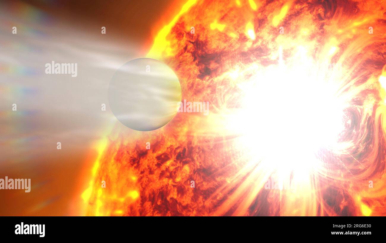 L'evaporazione dell'atmosfera dell'HD 189733b in risposta a una potente eruzione dalla sua stella ospite. Foto Stock