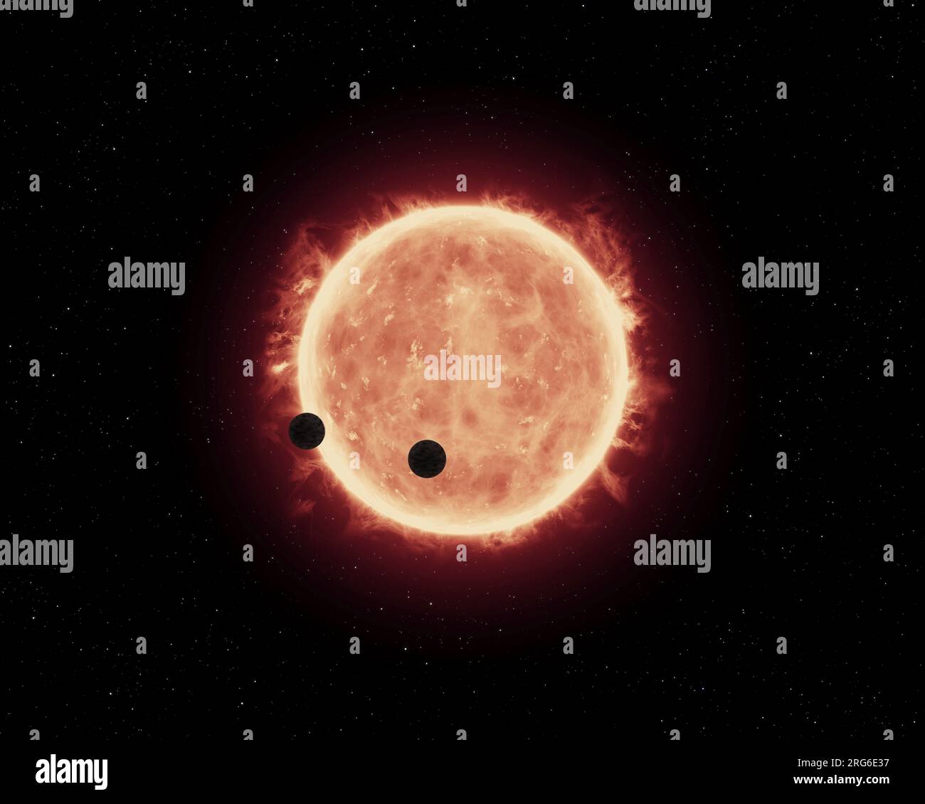 La visione dell'artista dei pianeti che transitano dalla stella nana rossa nel sistema TRAPPIST-1. Foto Stock