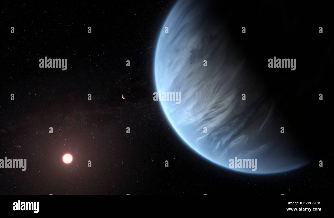 Il concetto dell'artista del pianeta K2-18b, è una stella ospite e un pianeta che lo accompagna. Foto Stock