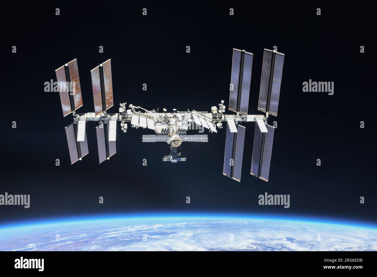 La stazione spaziale Internazionale orbitante sopra la Terra. Foto Stock