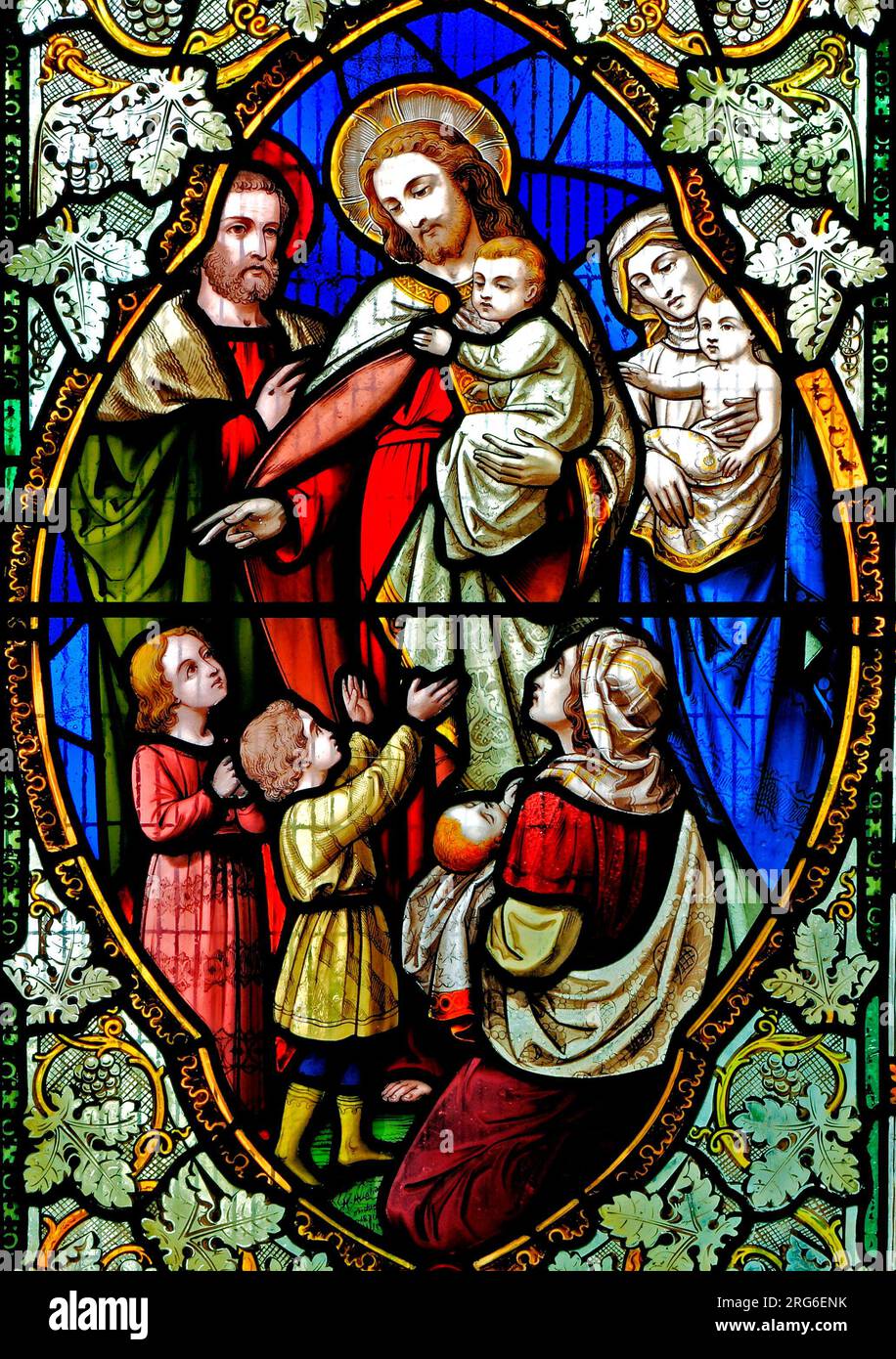 Soffri i bambini piccoli, benedizione di Gesù, vetrata colorata, di Ward & Hughes, 1869, chiesa di Stanhoe, Norfolk, Inghilterra Foto Stock