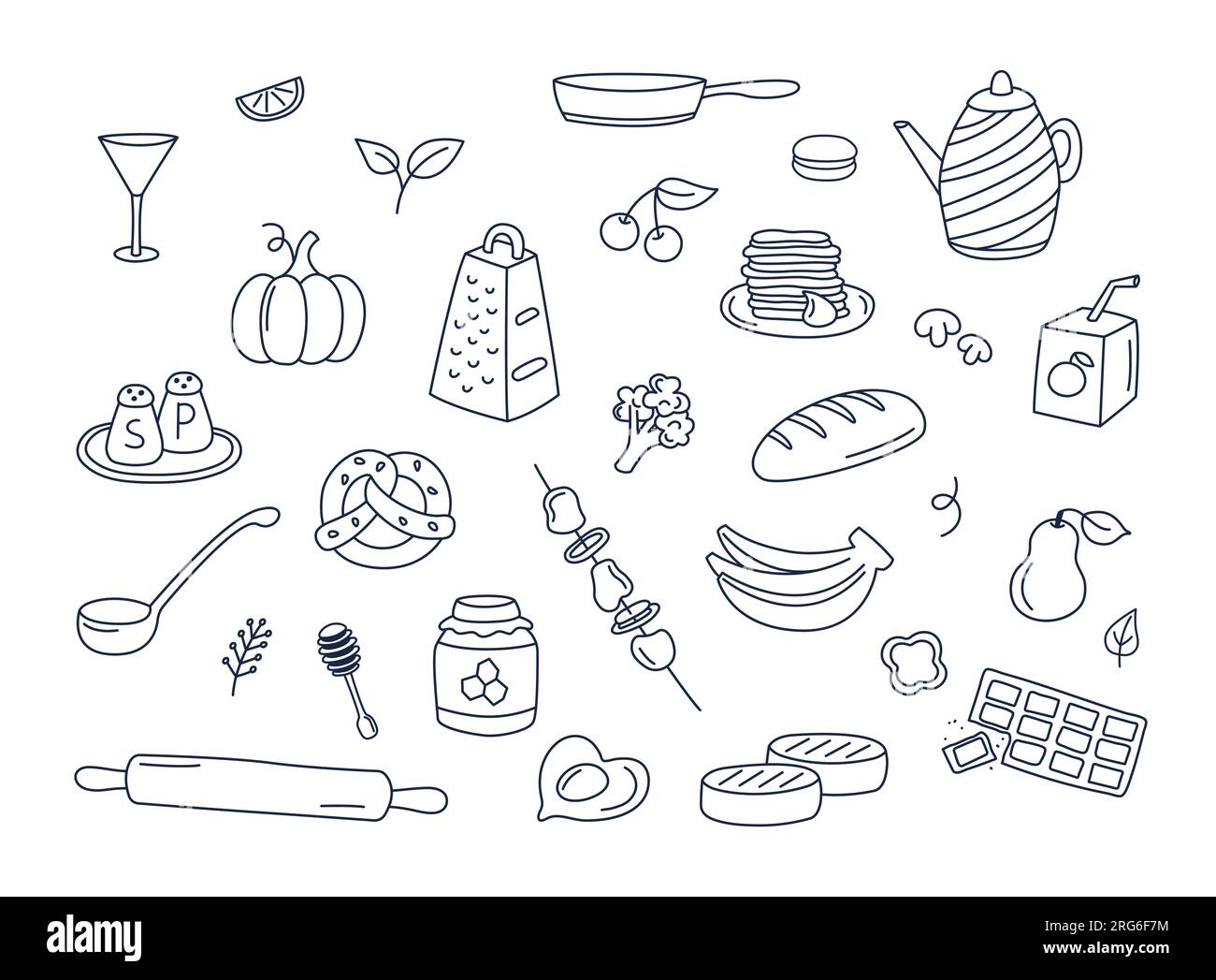 Set vettoriale di elementi isolati per cibo e utensili da cucina. Illustrazioni dei doodle da cucina, collezione di utensili, ingredienti per i pasti e oggetti da cucina. Illustrazione Vettoriale