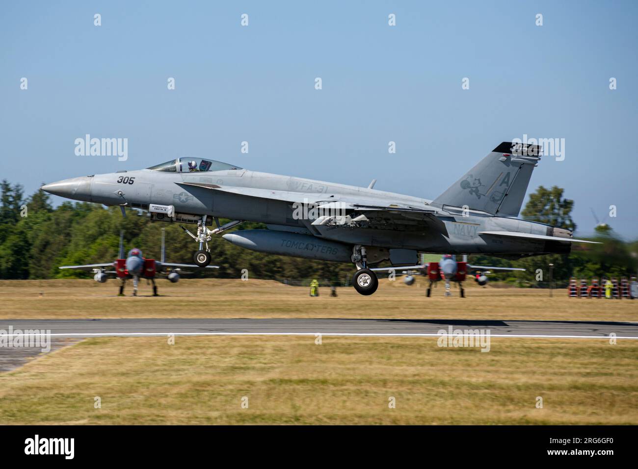 F-18E Super Hornet della Marina degli Stati Uniti decollato durante l'esercitazione Air Defender 2023 a Hohn, Germania. Foto Stock