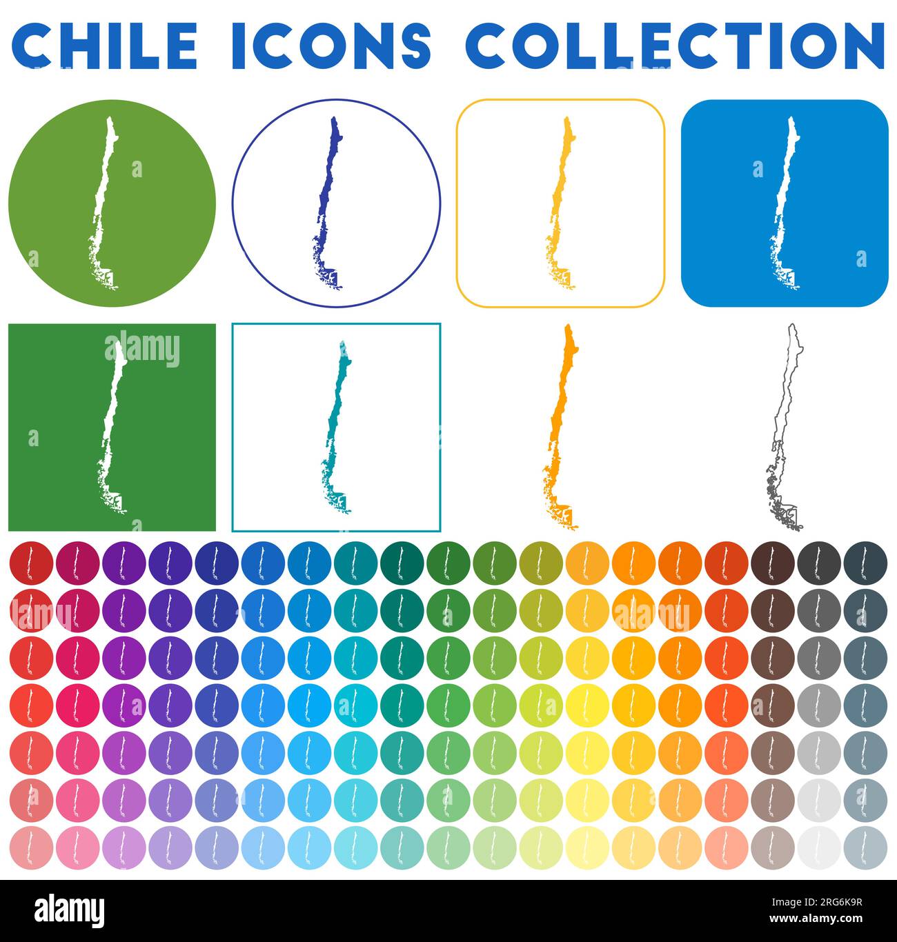 Collezione di icone del Cile. Icone della mappa colorate e alla moda. Badge Cile moderno con mappa del paese. Illustrazione vettoriale. Illustrazione Vettoriale