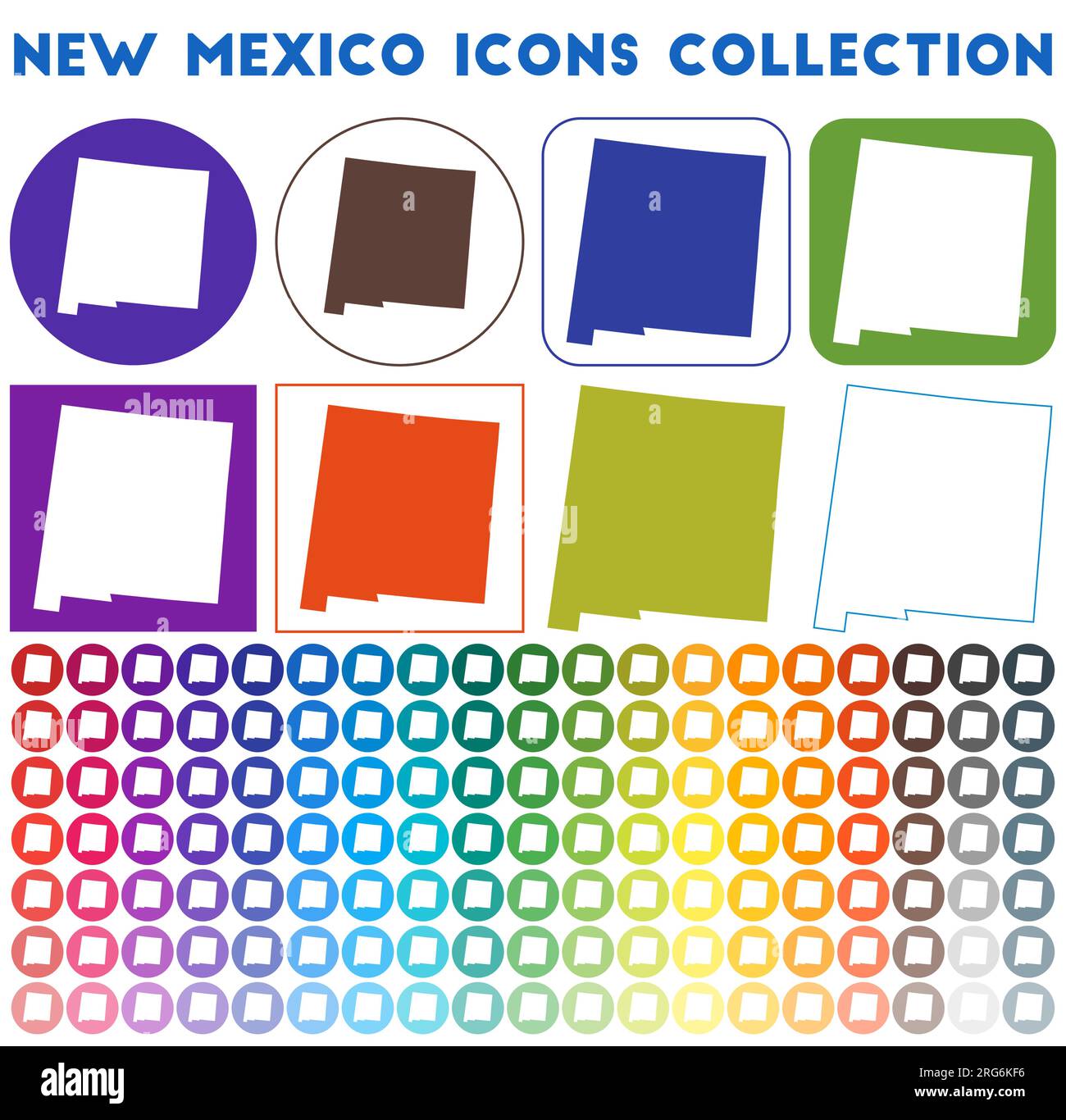 Collezione icone del New Mexico. Icone luminose colorate e alla moda. Distintivo del New Mexico moderno con la mappa dello stato degli Stati Uniti. Illustrazione vettoriale. Illustrazione Vettoriale