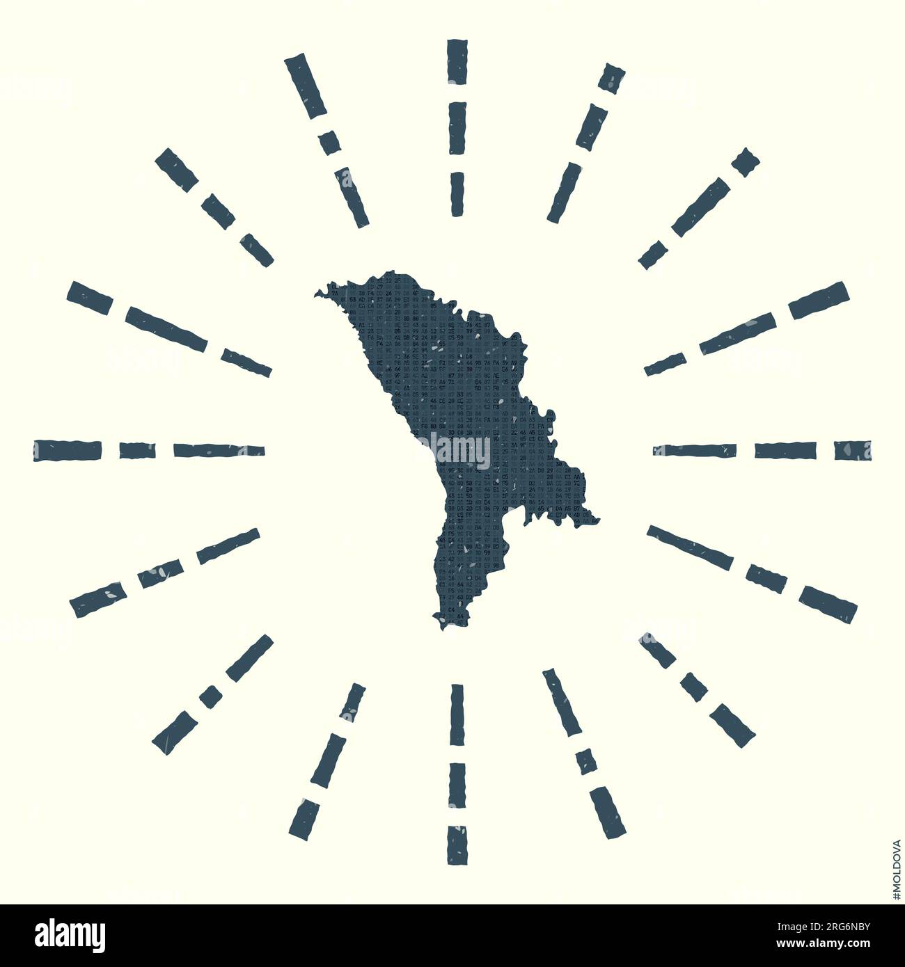 Logo Moldavia. Poster grunge Sunburst con mappa del paese. Forma della Moldavia riempita di cifre esagonali con raggi solari intorno. Illustrazione Vettoriale