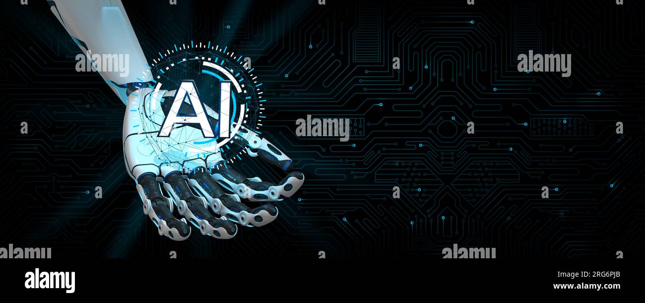 Mano bianca di robot a forma umana che tiene le lettere ai su uno sfondo scuro delle schede a circuito stampato. Illustrazione 3D. Foto Stock