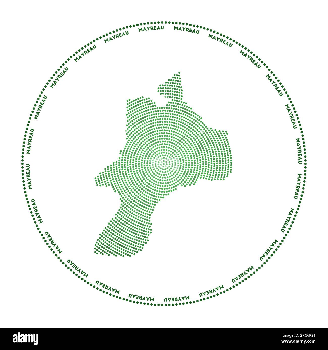 Logo rotondo Mayreau. Forma digitale di Mayreau in cerchio punteggiato con il nome dell'isola. Icona tecnologica dell'isola con punti sfumati. Vector illu moderno Illustrazione Vettoriale