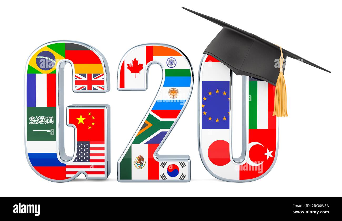 G20 con cappello educativo. Rendering 3D isolato su sfondo bianco Foto Stock