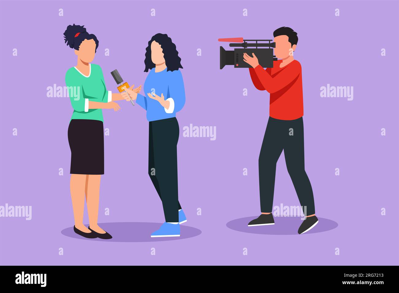 Design grafico piatto che disegna una bella ragazza giornalista con microfono, intervista donna davanti alla fotocamera. Reporter, cameraman trasmetteva le ultime notizie su Foto Stock