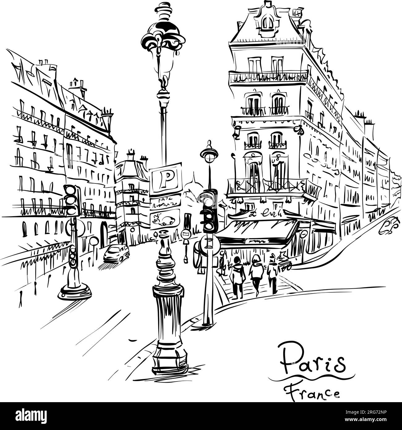 Vettore di disegno a mano. Via Parigi con case tradizionali e lanterne, Parigi, Francia. Illustrazione Vettoriale