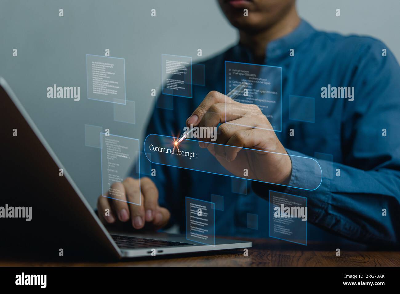 Interfaccia IA del prompt dei comandi e elaborazione del linguaggio di apprendimento automatico, reti neurali e visione artificiale. uso dell'automazione della tecnologia dei chatbot, dei dati Foto Stock