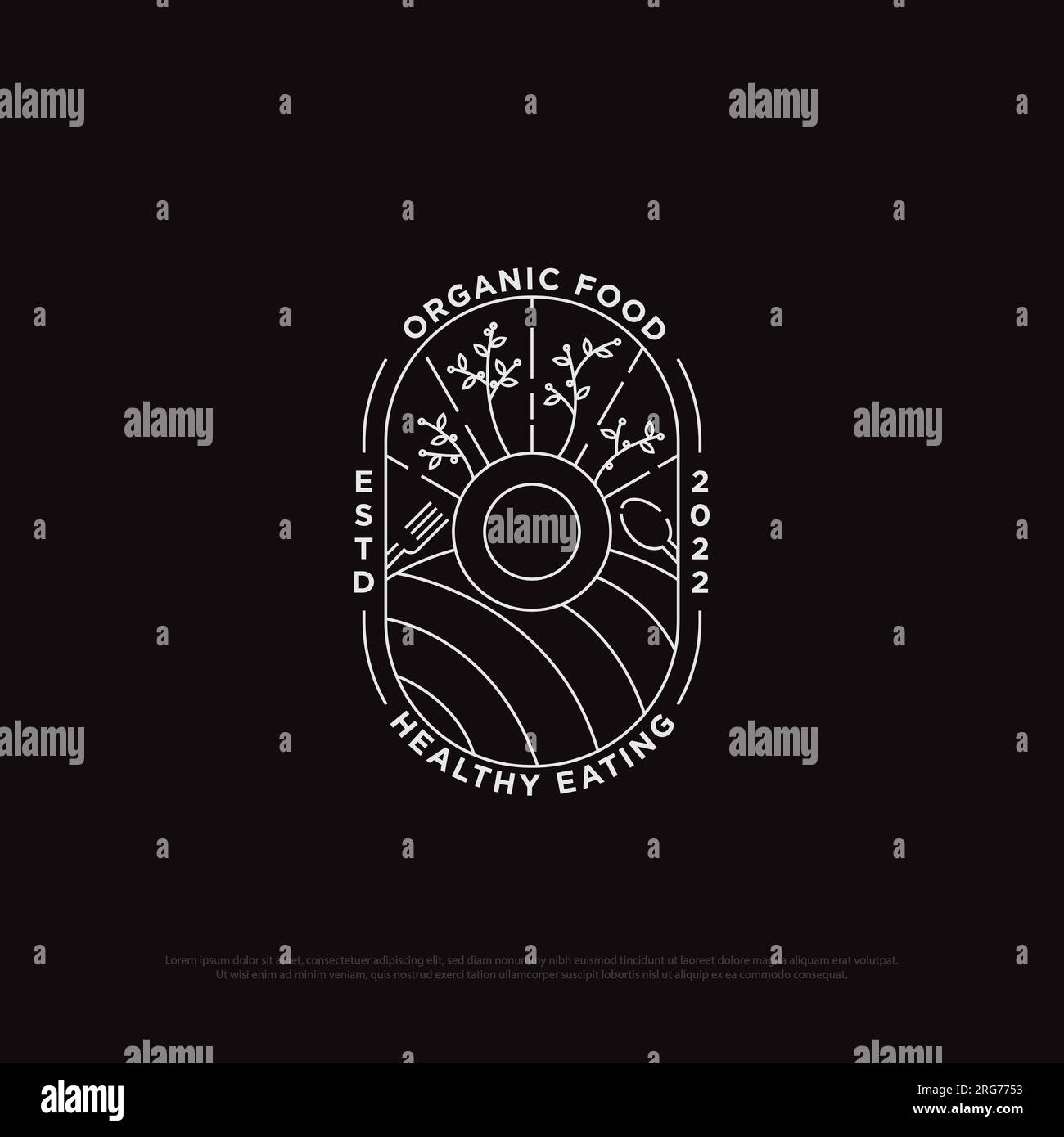 Modello illustrativo del logo di un ristorante per alimenti biologici, simbolo di cibi e bevande freschi e naturali Illustrazione Vettoriale