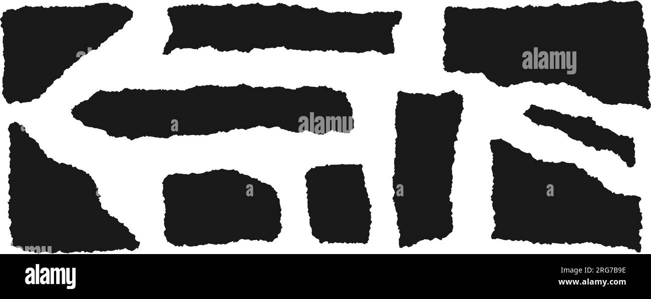 Impostare o strappare pezzi di carta. Sagome nere con bordi e angoli frastagliati. Raccolta frammenti di materiale strappato. Pacchetto di elementi grunge testurizzati per collage, casella di testo, banner, adesivo. Vettore Illustrazione Vettoriale