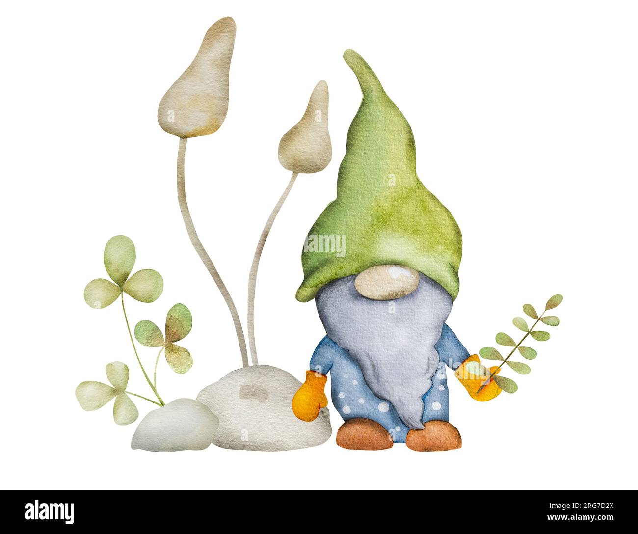 Nana forestale con funghi in pittura acquerello giardino. Personaggio fiabesco gnome con disegno agarico aquarelle per decorazione da cartolina Foto Stock