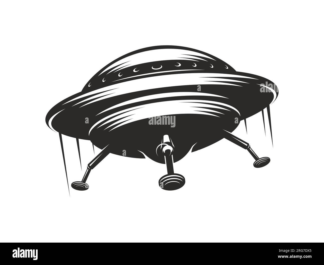 Icona UFO, disco volante con sentieri, astronave aliena o astronave spaziale galassica, navicella spaziale marziana vettoriale. Disco UFO in un universo fantasy mistico e monocromatico retrò e navicelle spaziali extraterrestri della galassia Illustrazione Vettoriale