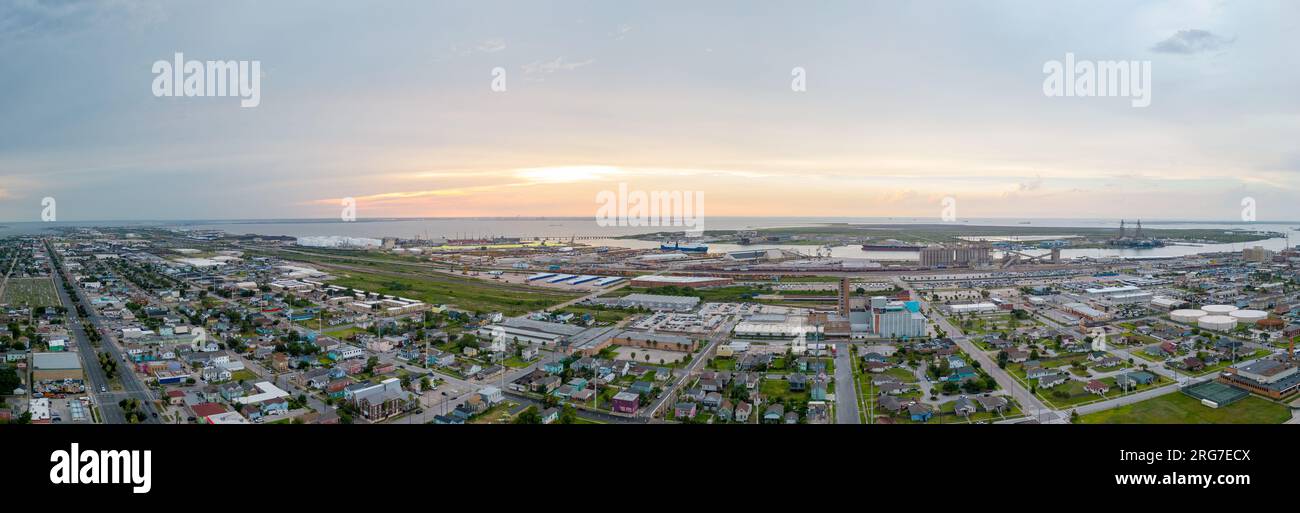 Tramonto panoramico sul porto di Galveston, Texas Foto Stock