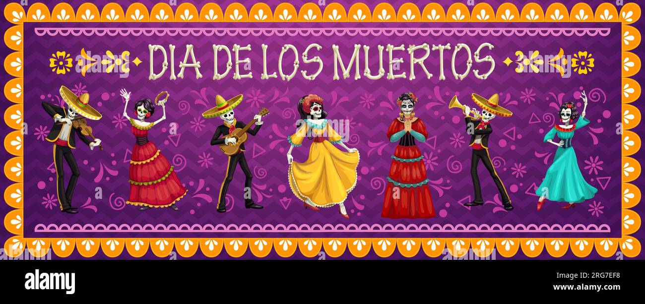 Personaggi messicani dei Dead Day. Festa di carnevale dia de los muertos musicisti mariachi e personaggi Catrin. Gli scheletri vettoriali indossano costumi tradizionali che ballano e suonano chitarra, violino o tromba Illustrazione Vettoriale