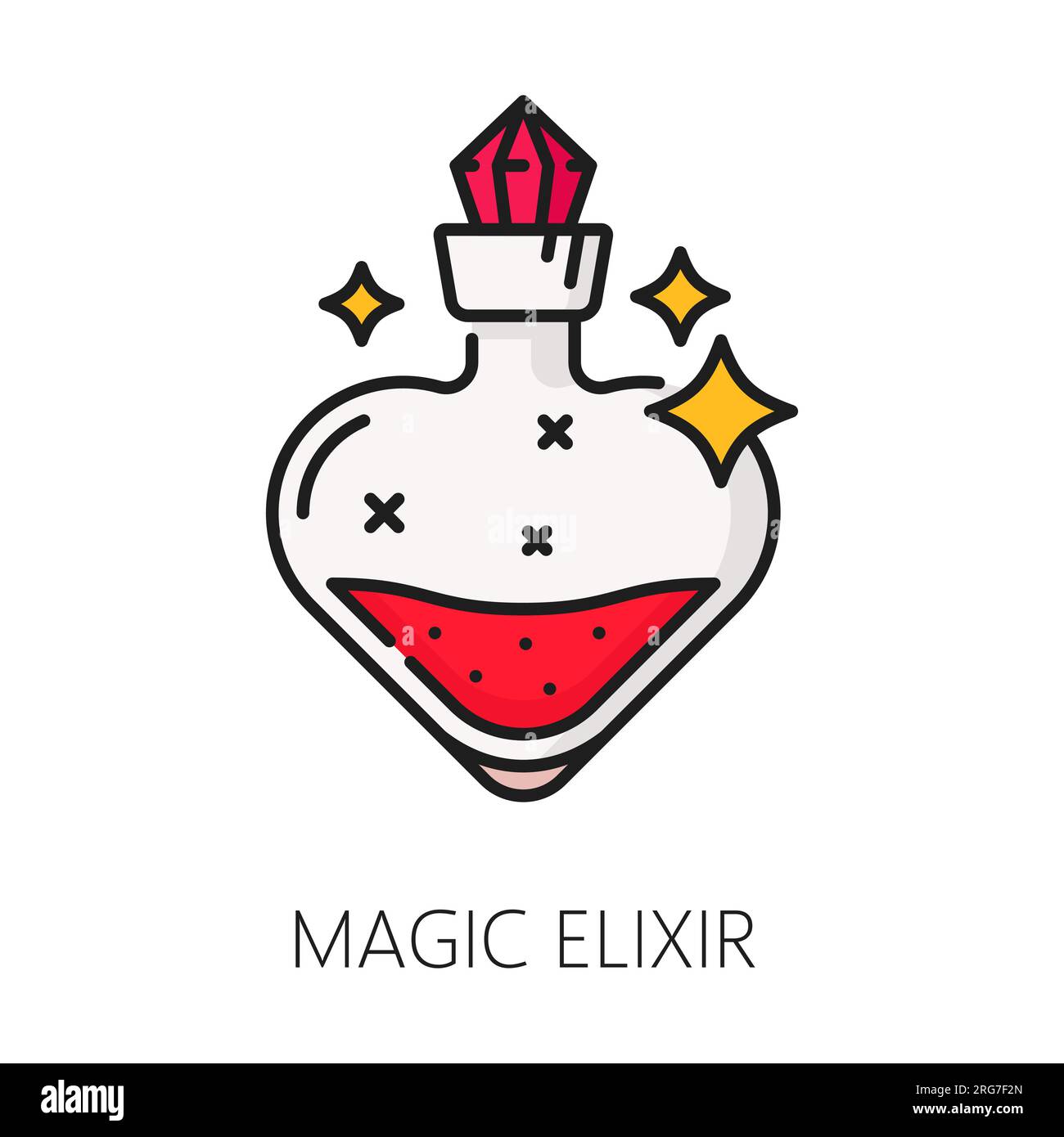 Magia elisir stregoneria e icona magica. Rappresentazione vettoriale lineare e semplice della pozione mistica, che simboleggia potere e incanto. Fiasca fantasy con linea sottile isolata con liquido magico rosso e scintille Illustrazione Vettoriale