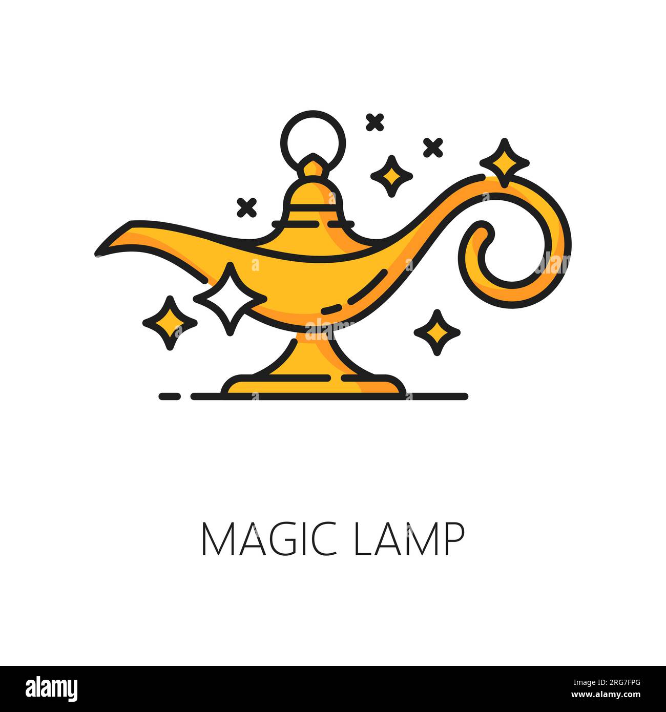 Lampada magica, stregoneria e icona magica. La lanterna Aladdin, lineare vettoriale, incantevole e mistica, detiene un potere incalcolabile e garantisce desideri. Simbolo di possibilità e meraviglia, straordinaria e trasformazioni Illustrazione Vettoriale