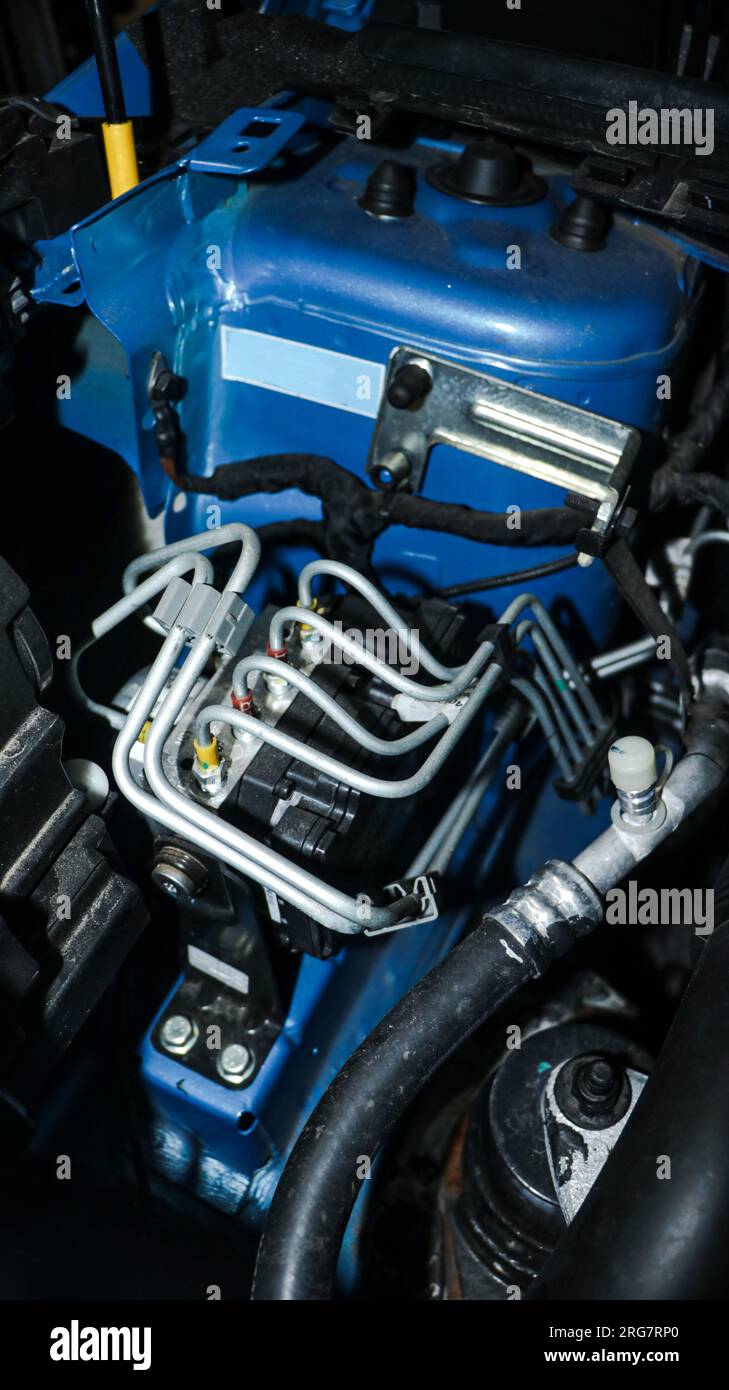 Un'unità di controllo elettronico (ECU) con collegamenti cablati che controllano le varie operazioni di un veicolo situato vicino al motore sul cofano Foto Stock