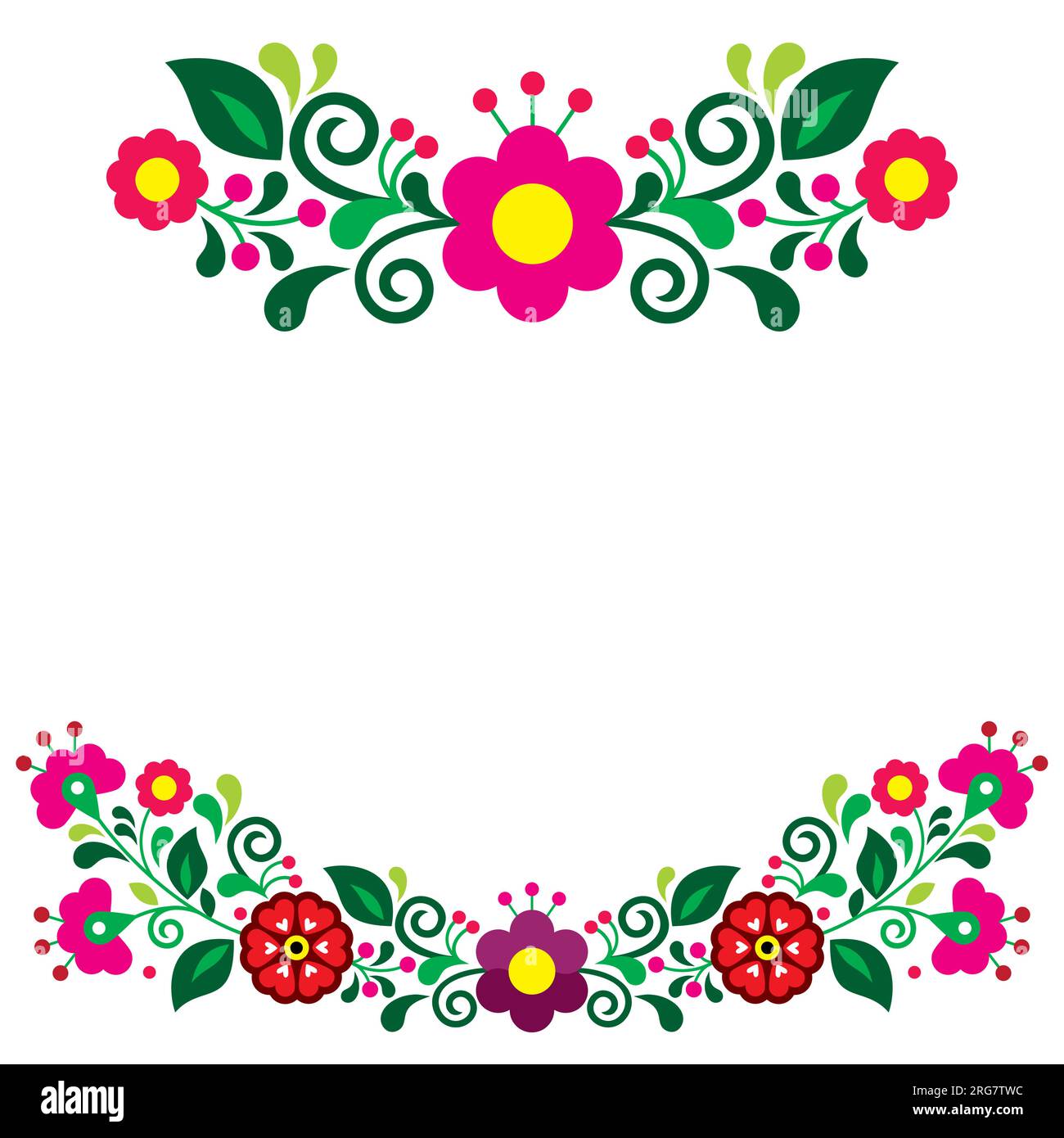 Elementi di design dei biglietti d'auguri floreali in stile folk messicano, vivaci motivi retrò ispirati ai tradizionali ricami messicani Illustrazione Vettoriale