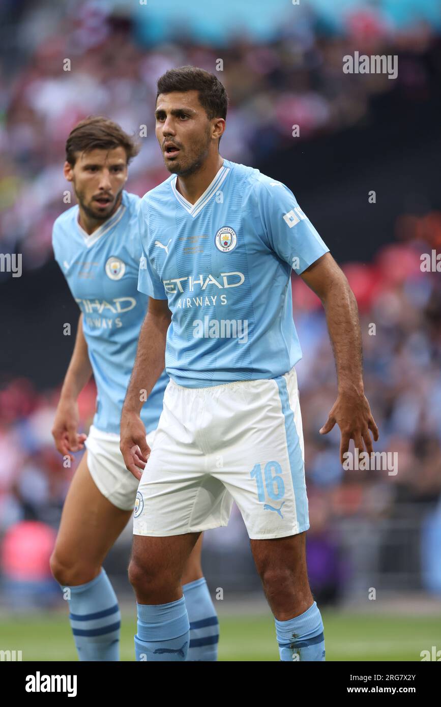 Londra, Regno Unito. 6 agosto 2023. Rodrigo (MC) alla partita fa Community Shield Arsenal contro Manchester City tenutasi il 6 agosto 2023 al Wembley Stadium di Londra, Regno Unito. Credito: Paul Marriott/Alamy Live News Foto Stock