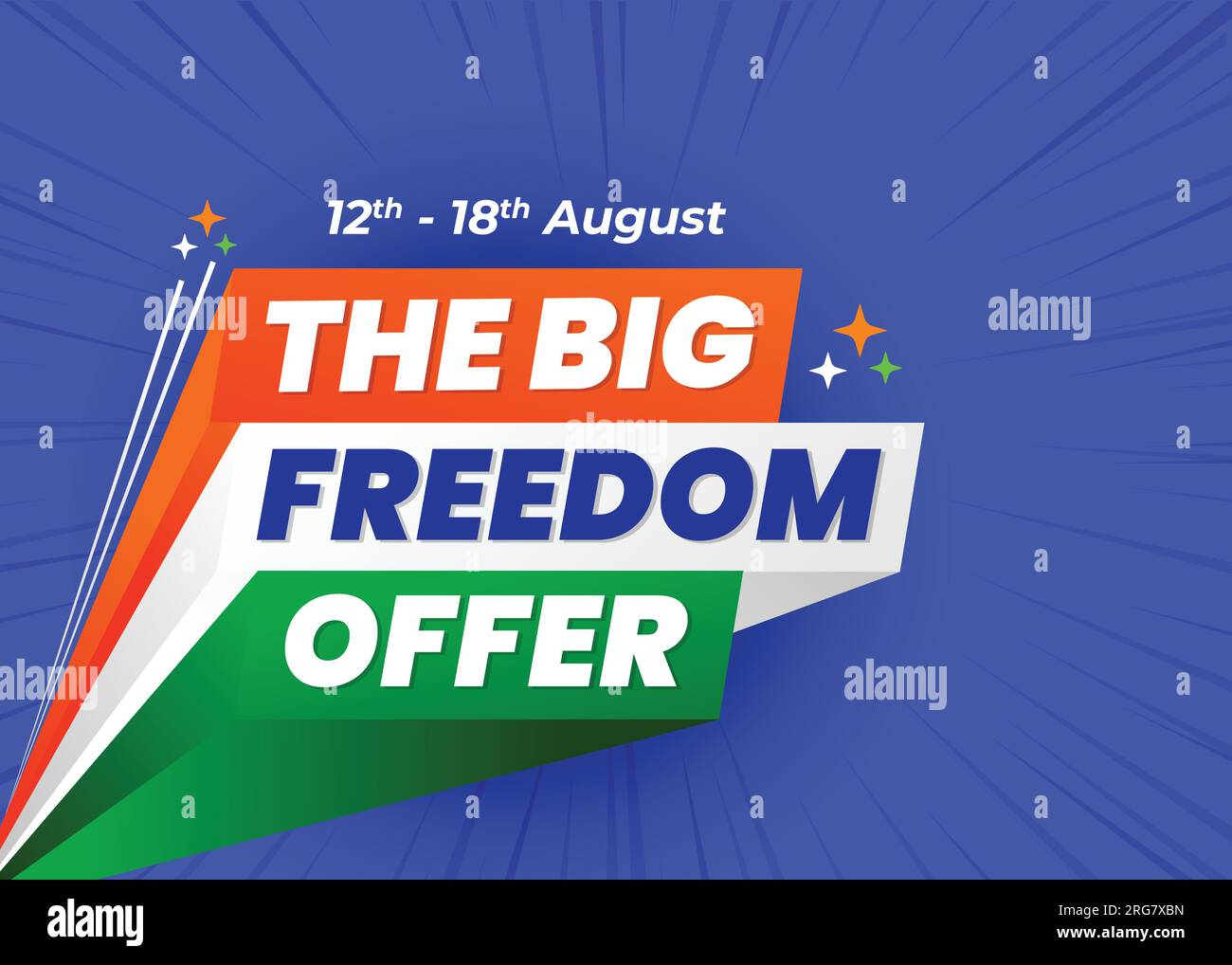 15 agosto | offerta di vendita Big Freedom per il giorno dell'indipendenza dell'India. Unità in stile 3D a tema Indian Tricolor, segno, design vettoriale isolato su sfondo blu. Illustrazione Vettoriale