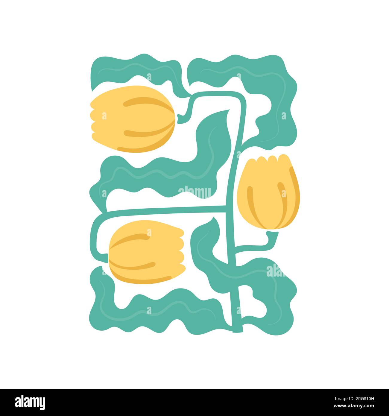 Tulipani audaci e luminosi per opere d'arte a parete, banner, poster, cartoline. Fiori astratti alla moda con foglie ondulate. Illustrazione Vettoriale