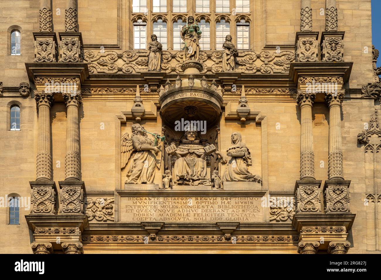 Particolare des Tower of the Five Orders, Bodleian Library, Universität Oxford, Oxford, Oxfordshire, Inghilterra, Großbritannien, Europa | Torre dei cinque Foto Stock