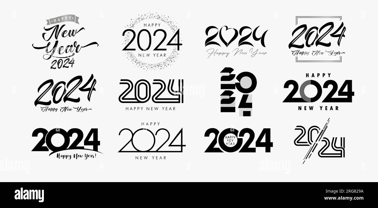 Set di testo con logo Happy New Year 2024. Simboli di Natale 2024 felice anno nuovo. 20 24 modello di disegno numerico. Illustrazione vettoriale Illustrazione Vettoriale