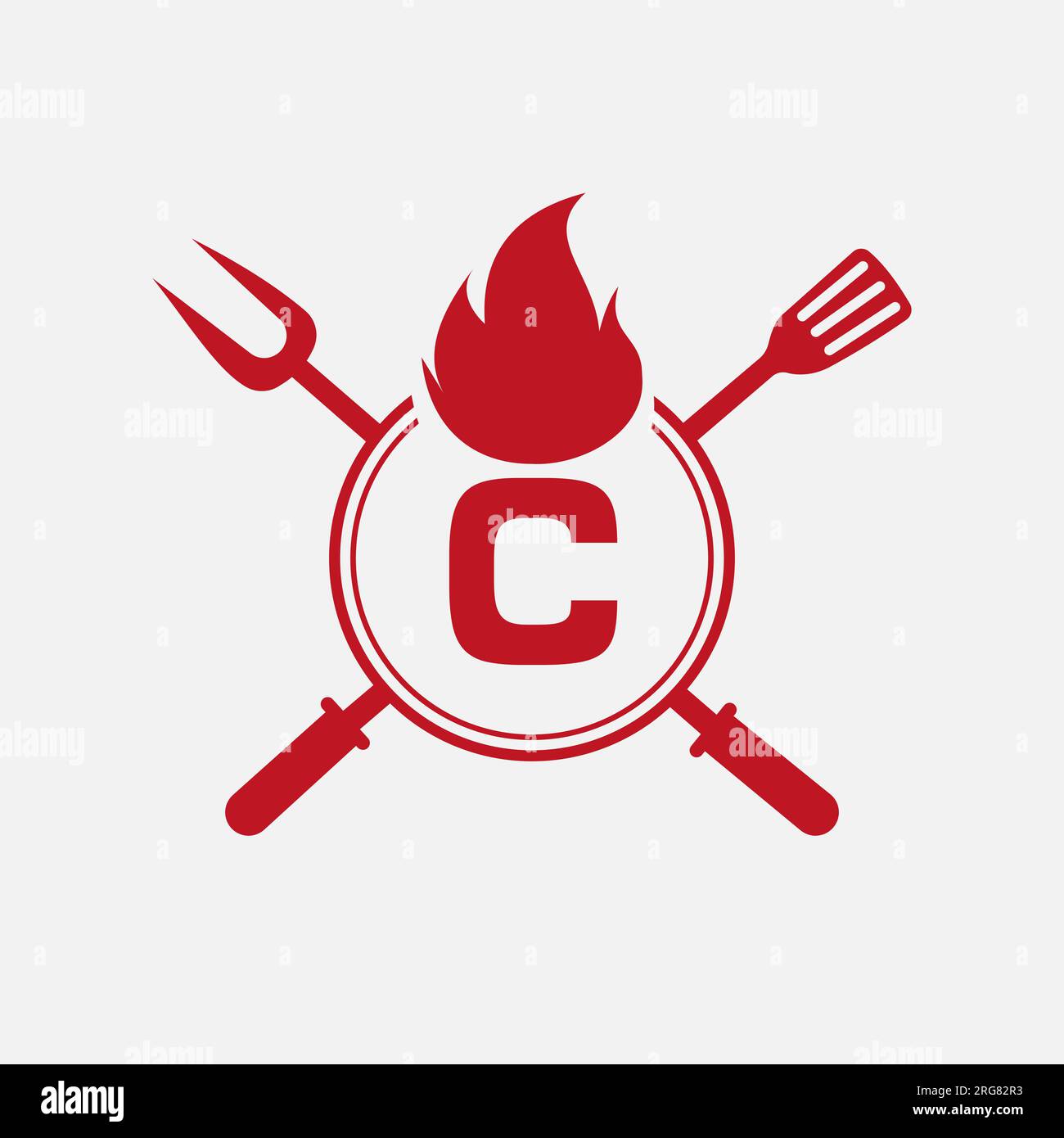 Logo del ristorante Letter C con forchetta per grigliate e icona a spatola. Simbolo Hot Grill Illustrazione Vettoriale
