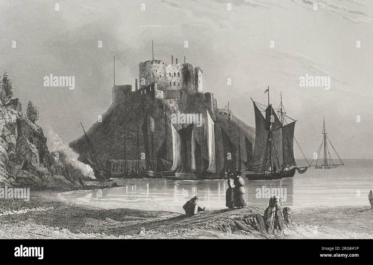 Costa della Normandia. Isola di Jersey. Castello e porto di Mont Orgueil. Incisione. Los Héroes y las Grandezas de la Tierra. Volume V. 1855. Foto Stock