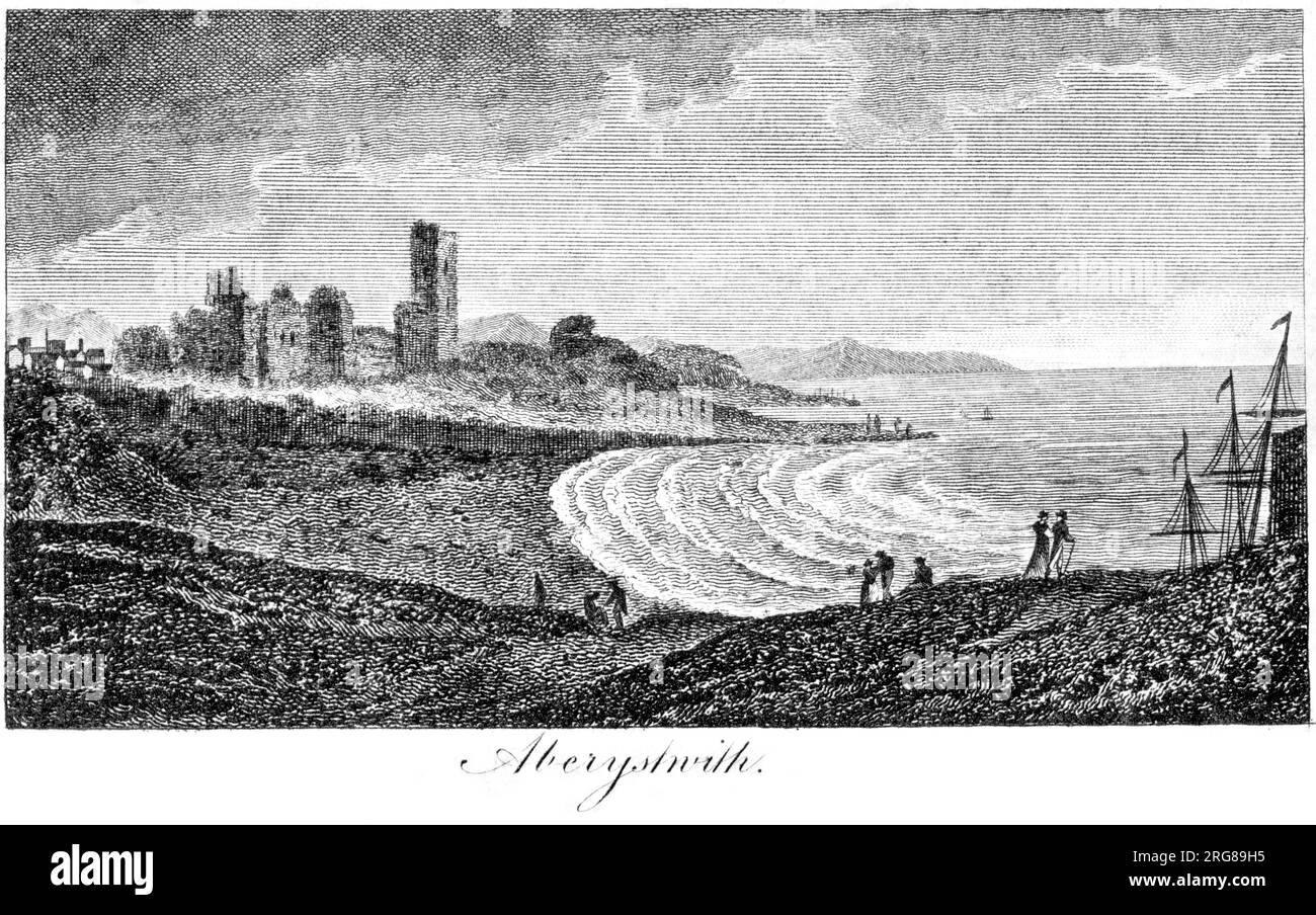 Un'incisione di Aberystwith (Aberystwyth) Wales UK scansionata ad alta risoluzione da un libro stampato nel 1806. Credevo libero da copyright. Foto Stock