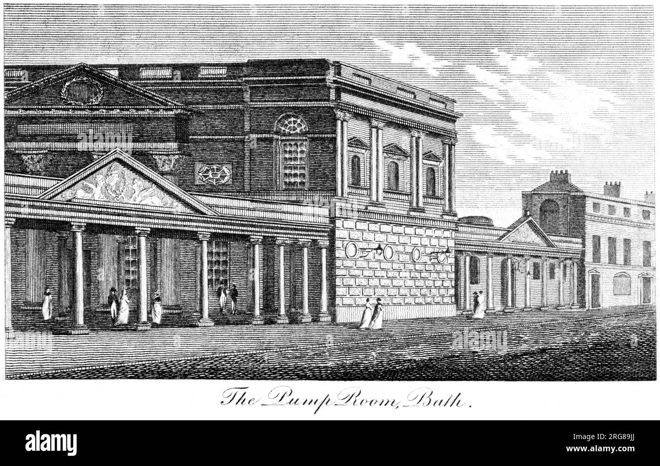 Un'incisione della sala pompe, Bath UK scansionata ad alta risoluzione da un libro stampato nel 1806. Credevo libero da copyright. Foto Stock