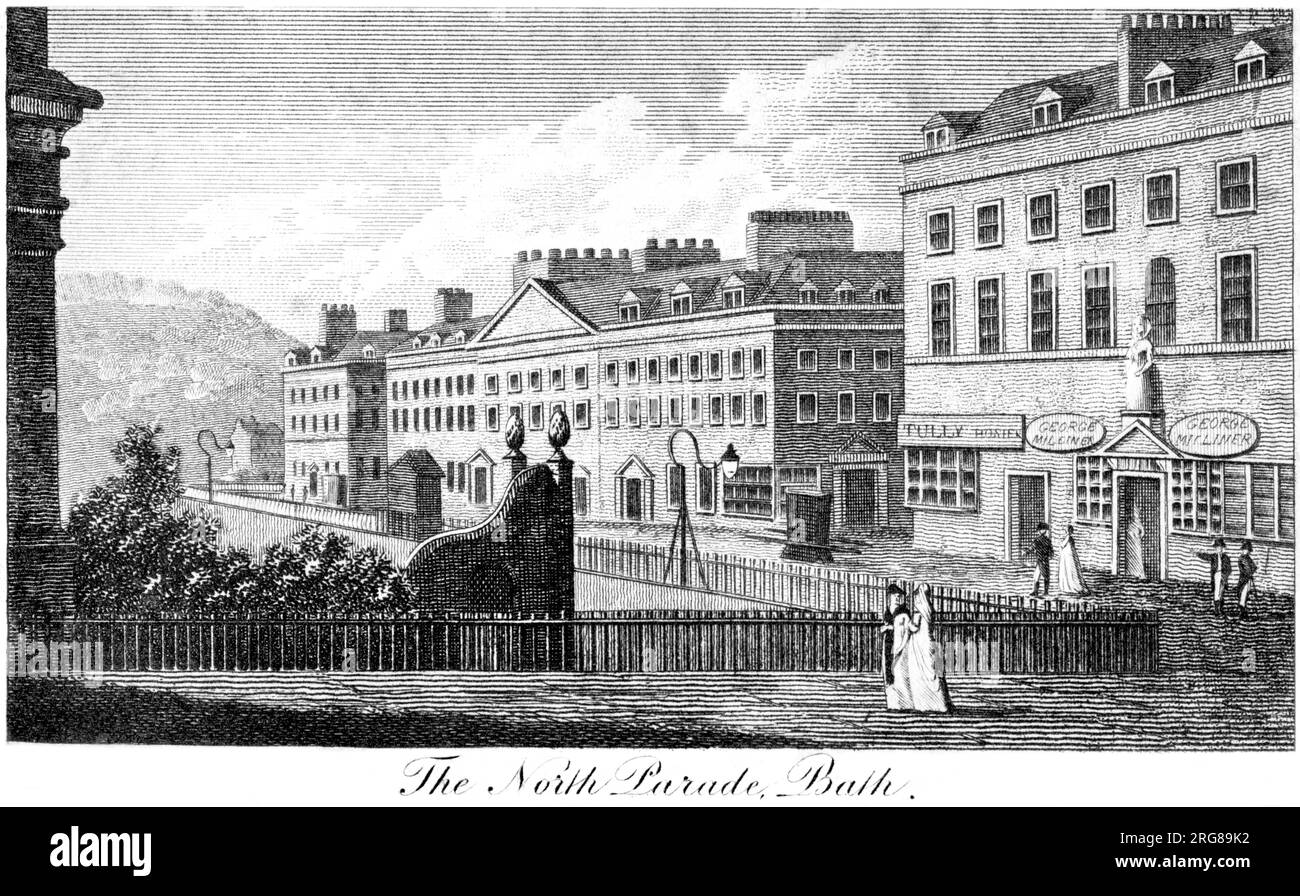 Un'incisione della North Parade, Bath UK scansionò ad alta risoluzione da un libro stampato nel 1806. Credevo libero da copyright. Foto Stock