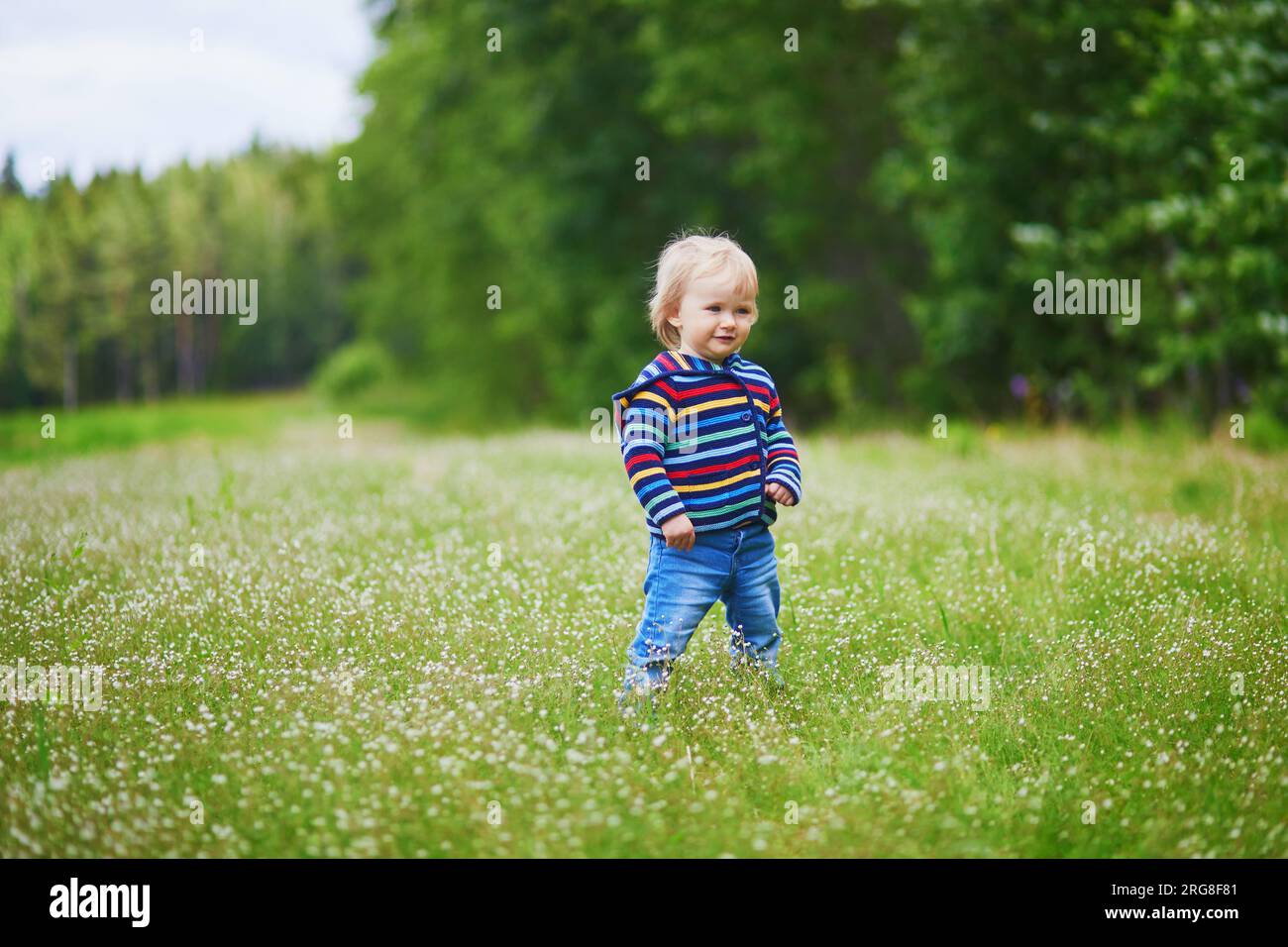 Adorabile bambina che cammina su un campo verde vicino alla foresta. Bambini piccoli che si divertono all'aperto. Ragazzo che esplora la natura Foto Stock