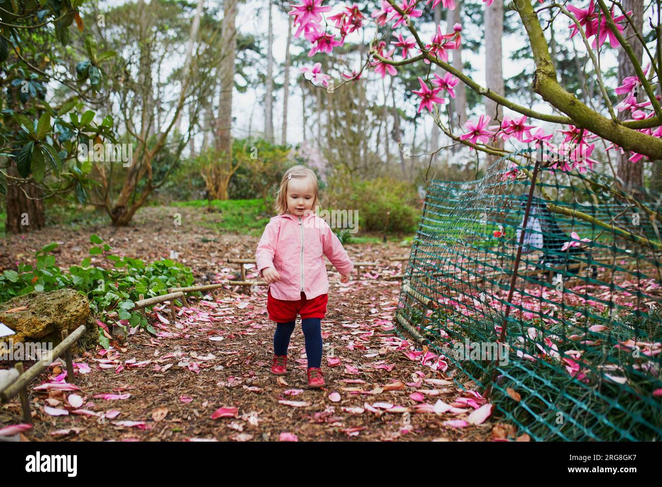 Adorabile bambina vicino alla gigantesca magnolia in piena fioritura. Bambini che esplorano la natura al Park Floral di Parigi, Francia Foto Stock