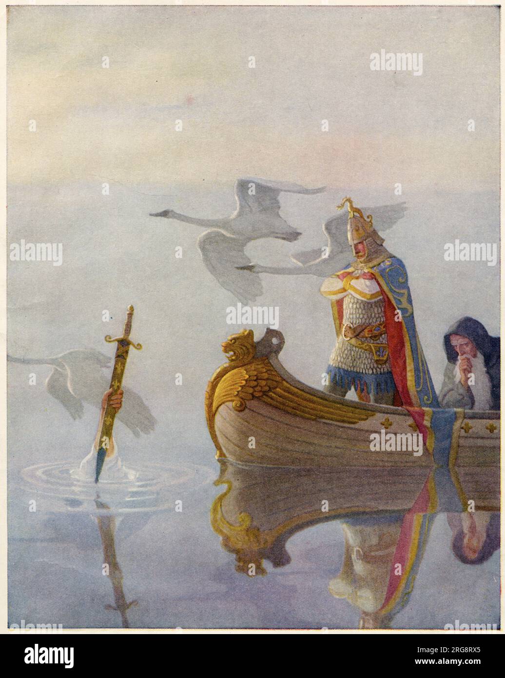 Arthur, accompagnato da Merlin, acquisisce la spada magica Excalibur, e il suo ancora più magico scabbard, dalla Signora del Lago Foto Stock