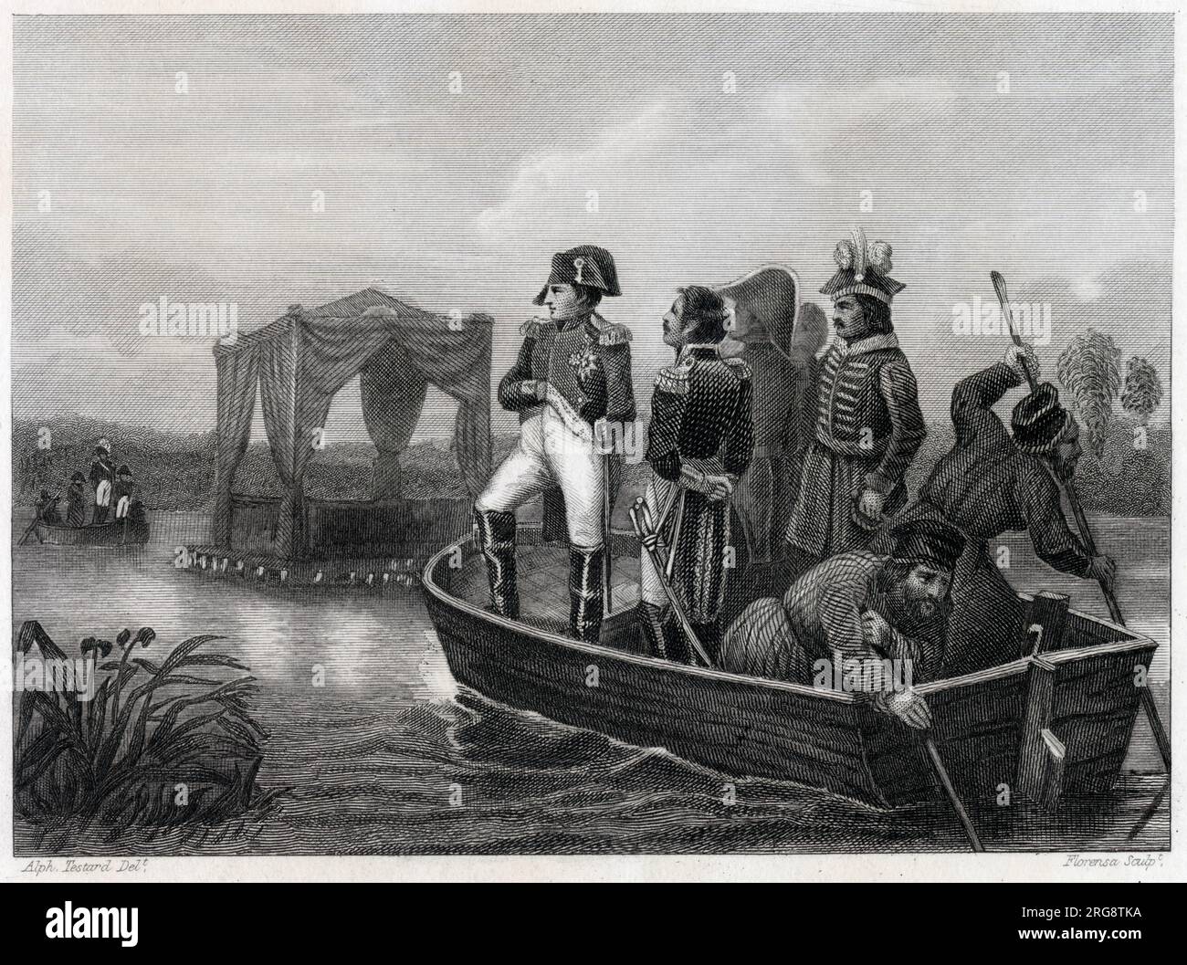Napoleone viene trasportato a metà strada attraverso il fiume Niemen, vicino a Tilsit, per incontrare Alessandro i e negoziare i termini con lui Foto Stock