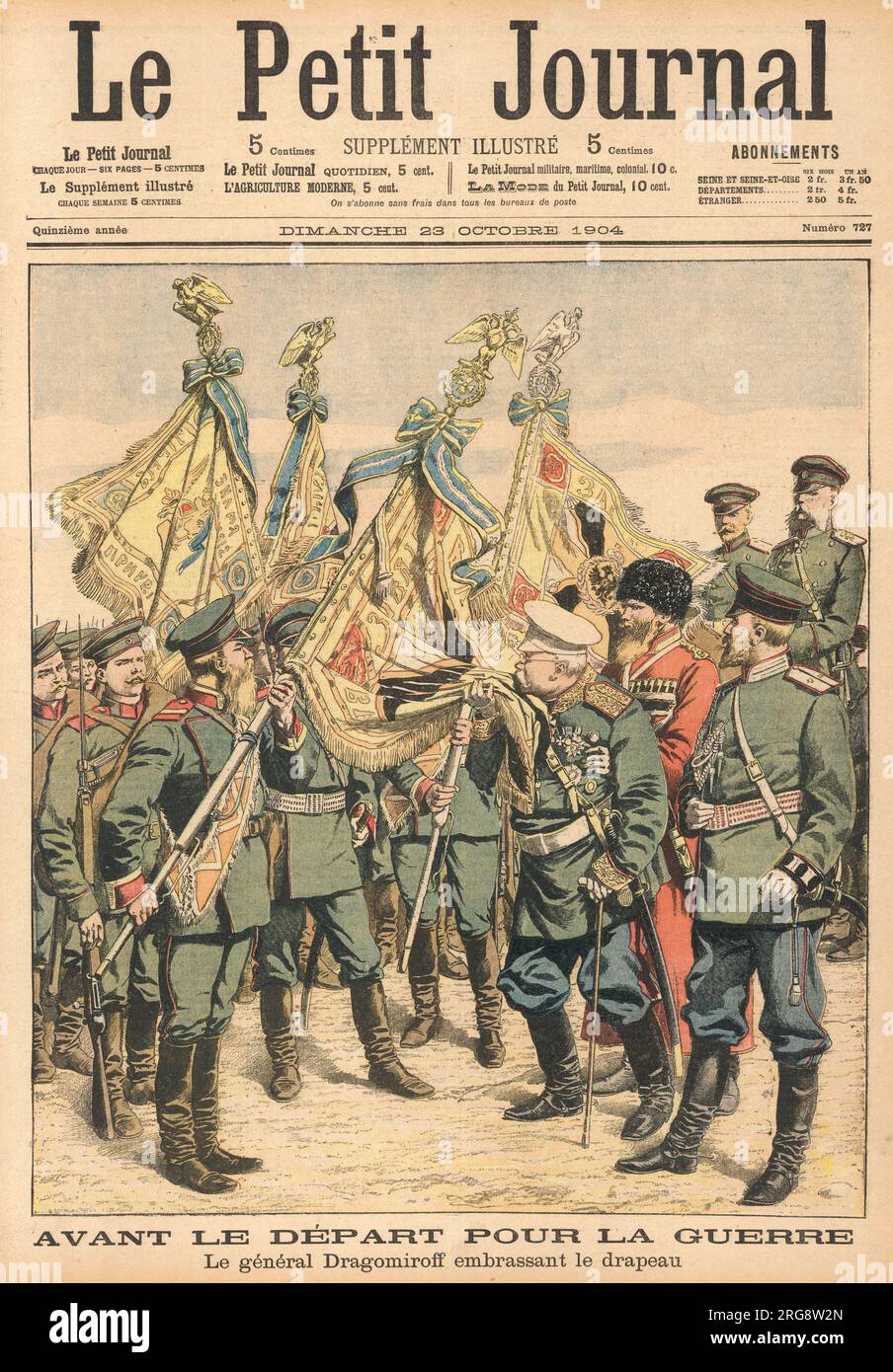 Il generale Dragomirov bacia la bandiera russa come garanzia di vittoria sui giapponesi, ma sfortunatamente la magia non funziona... Foto Stock