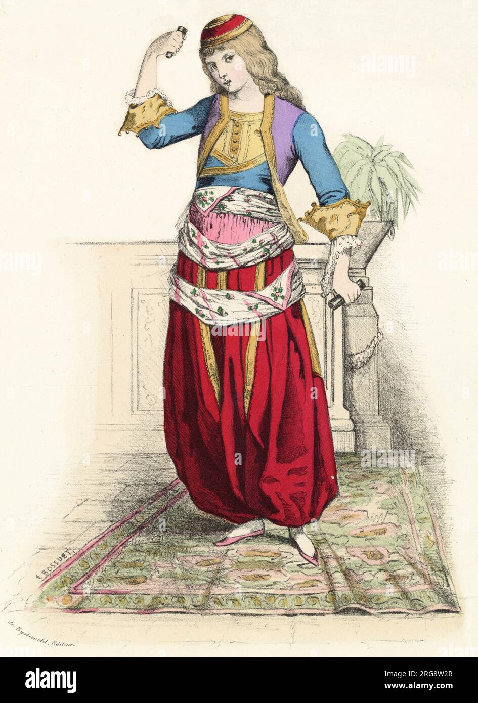 Una ragazza danzante greca in costume e posizione che mostra influenza turca. Foto Stock