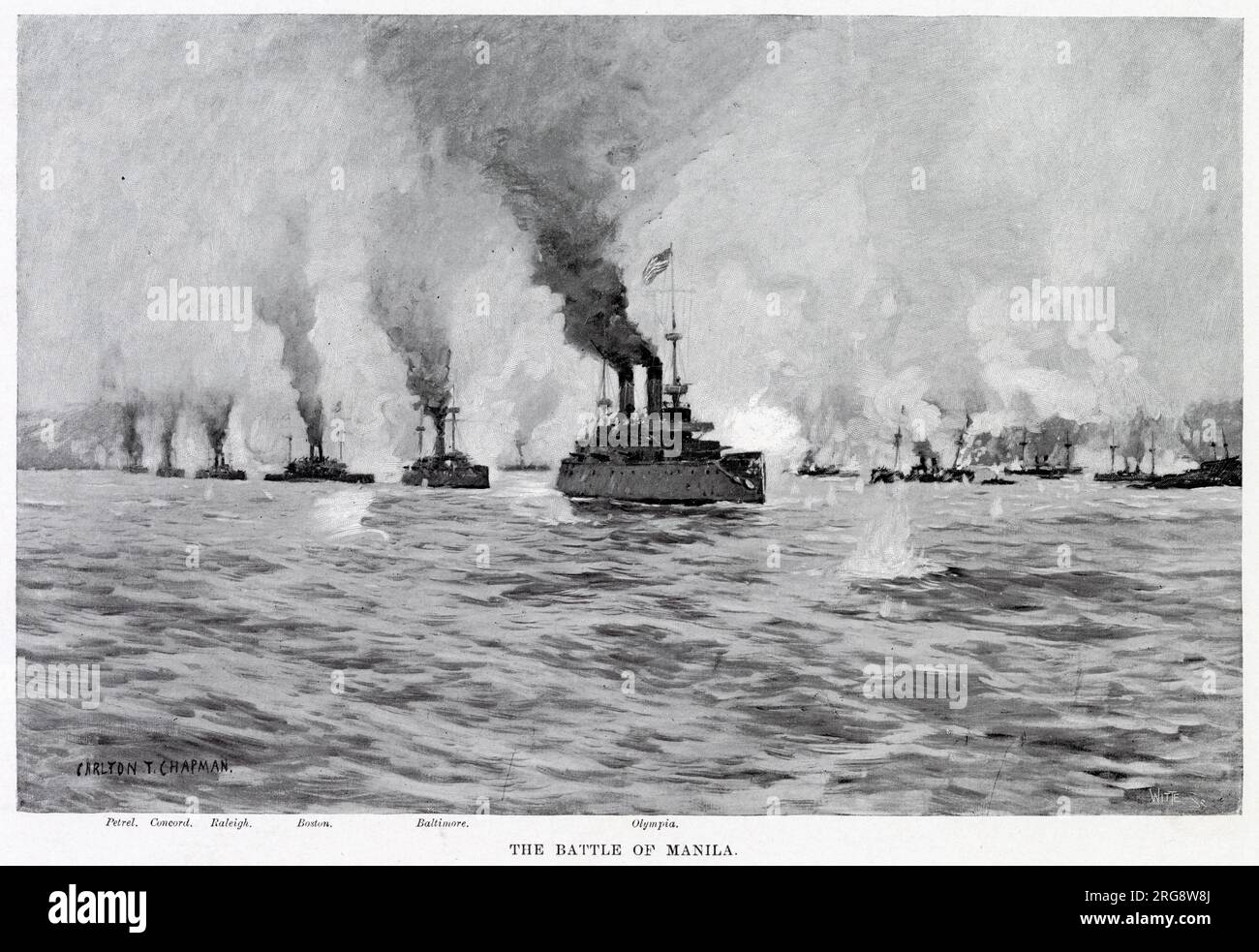 BATTAGLIA NAVALE DI MANILA la flotta americana al comando di Dewey distrugge totalmente la flotta spagnola, senza perdite Foto Stock